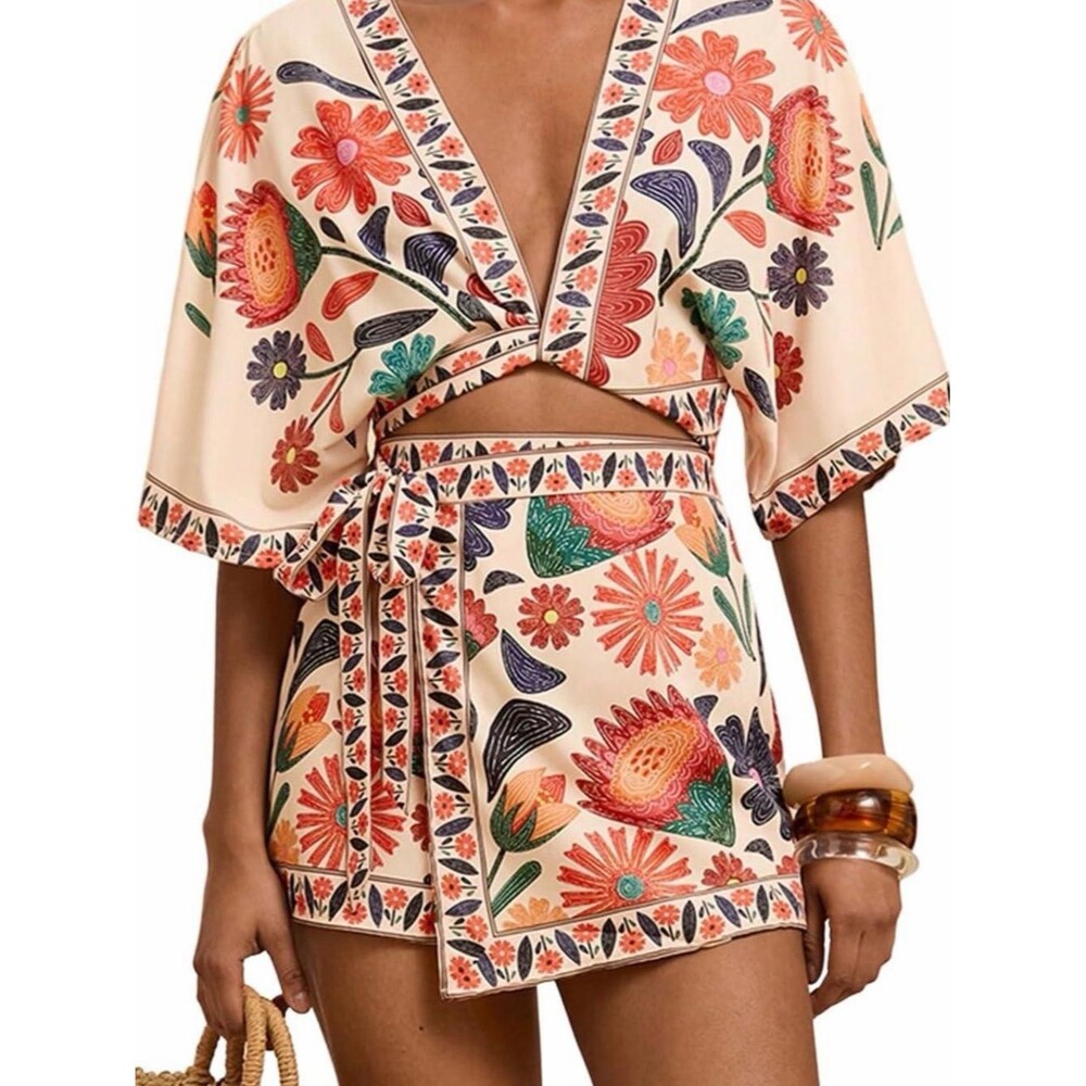 Floral Boho Coordinated Two Piece Set Tie Back Crop Top & Skort Summer Outfit